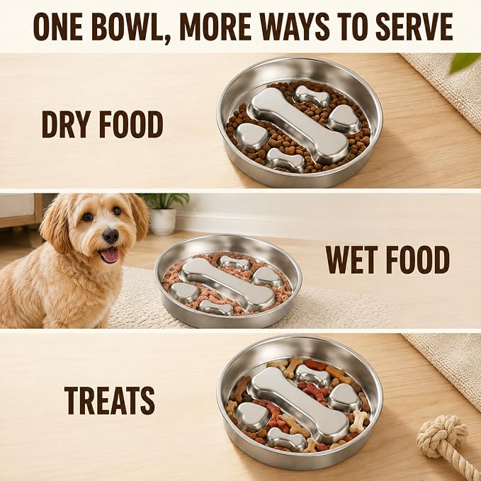 304 Stainless Steel Slow Feeder Dog Bowl, Double-Sided Anti-Gulping Puzzle Bowl, Bone Design, Dishwasher Safe, for Medium Large Dogs - Image 8