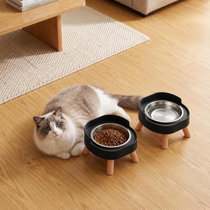 Elevated Cat Bowls, 2P Raised Cat Food and Water Bowl Set for Indoor Cats, Splash Proof with 2 Stainless Steel Pet Food Bowls for Cats ＆ Puppies, Whisker Friendly and Dishwasher Safe - Black - Image 9