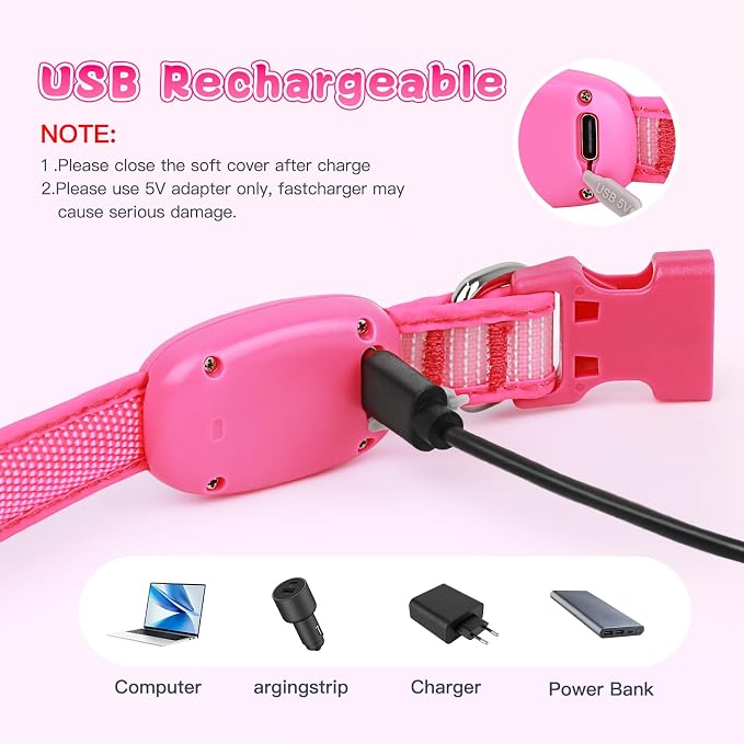 LED Light Up Dog Collar for Night Safety Walks, Pink, S | USB rechargeable, waterproof & pet-safe, 3 lighting modes, long-lasting glow, adjustable S/M/L, soft comfy daily walk fit - Image 7