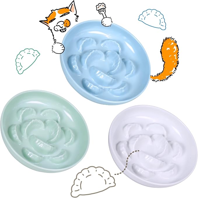 Slow Feeder Bowl for Cats and Small Dogs - Set of 3 Melamine Puzzle Cat Plates for Wet & Dry Food- Whisker Friendly & Dishwasher Safe & Non Slip Design (Blue + Green +White *3, 6.3''W) by FullCharm