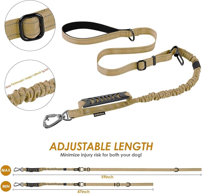 AUBELL Tactical Dog Leash Heavy Duty,4-6ft No Pull Bungee Leash,Brown | Reflective Dog Leash for Medium Large Dogs with Comfortable Padded Double Handle,Car Seat Belt,360 Degree Rotating Carabiner - Image 6