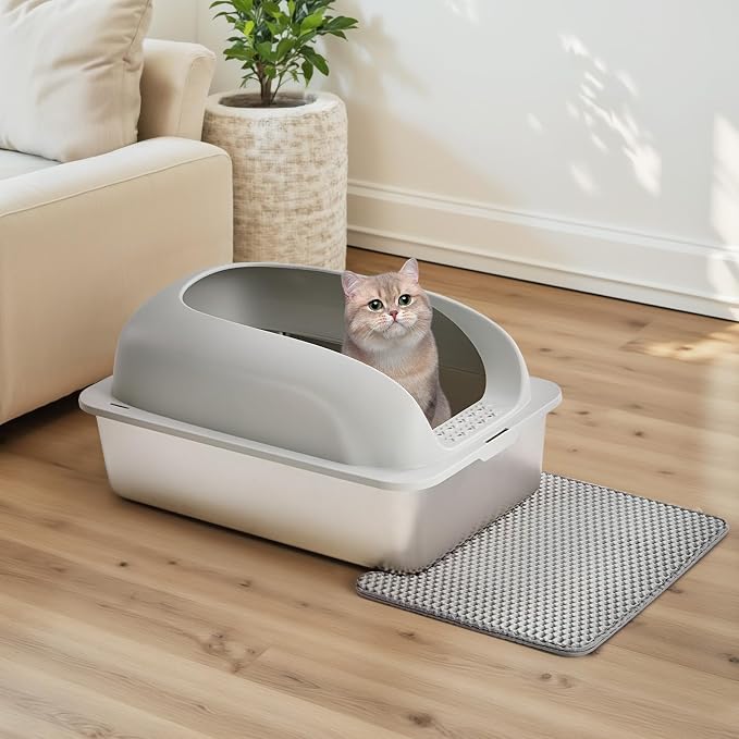 OLIXIS Stainless Steel Large Cat Litter Box with Lid, High Wall Sides | Large Cat Litter Box for Big Cats, Anti-Urine Leakage, Easy Cleaning, Scoop and Mat Included, Light Gray - Image 7