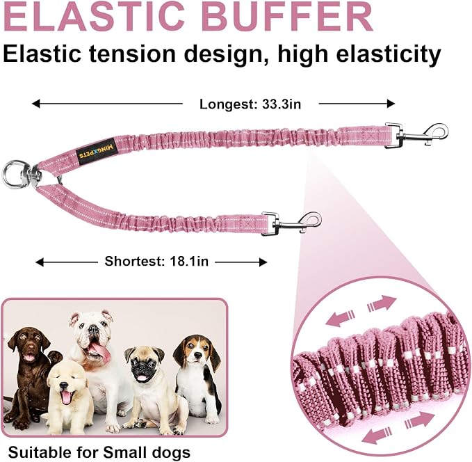 MingXpet 2 Dog Leash, Dog Leash for 2 Dogs, 360° Swivel No Tangle Double Walking Training Leashes for Large Dogs that Pull, Comfortable Shock Absorbing Reflective Bungee, Pink - Image 2