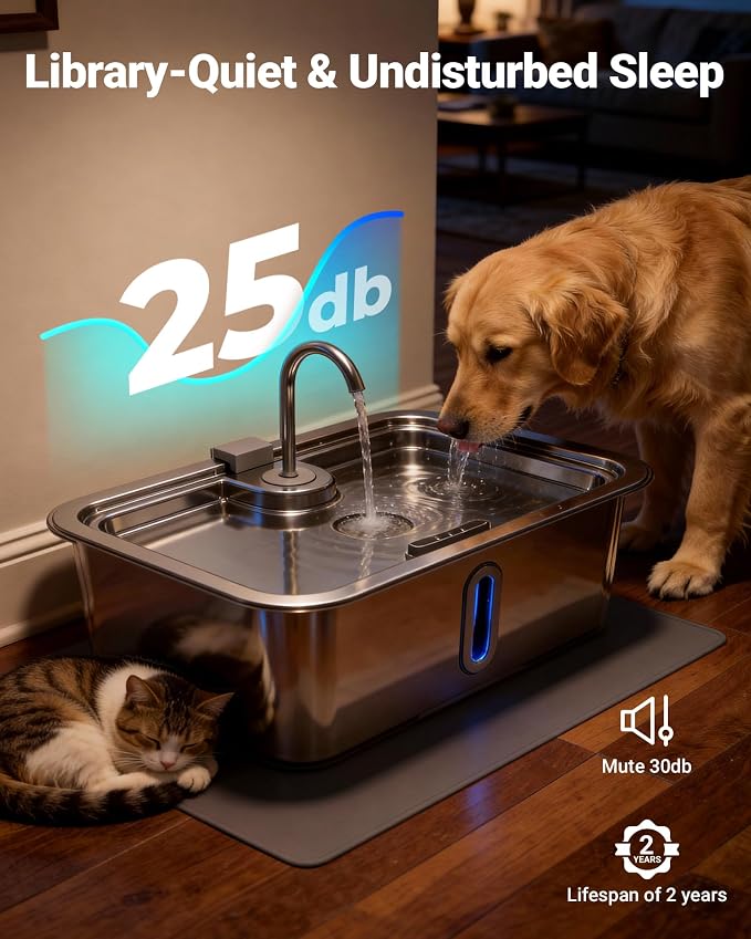 3.17Gal/12L Dog Water Fountain with Silicone Mat & 3 Filters for Dogs Cats | Stainless Steel Multi Pet Water Dispenser, Quiet Automatic Dog Water Bowl Dispenser with Visible Window & Alert Light - Image 6