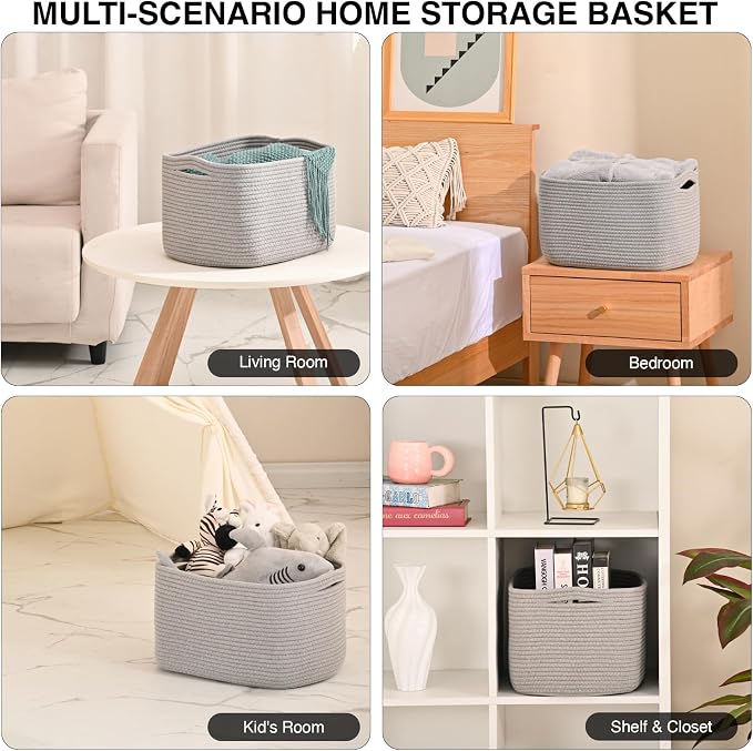 ICERZCZ Woven Cotton Rope Storage Basket for Organizing, Cute Decorative Baskets for Gifts Empty, Organizer Bins for Dog Toy, Baby Laundry, 15“×11”×9.5“, Light Grey - Image 4