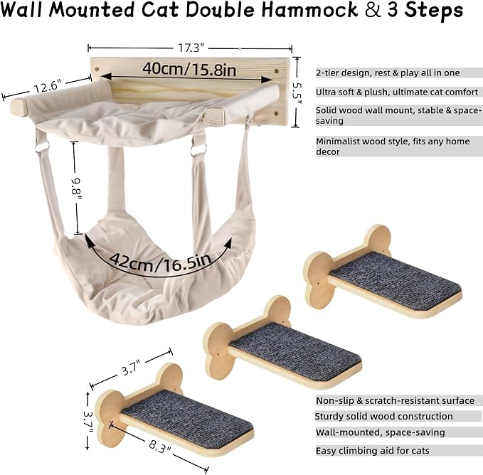 Wall Mounted Cat Double Hammock & 3 Steps, Pine Climbing Shelf & Perch Set, Multi-Function Wall-Mounted Cat Furniture for Sleep Play Climb, Easy DIY Installation - Image 2
