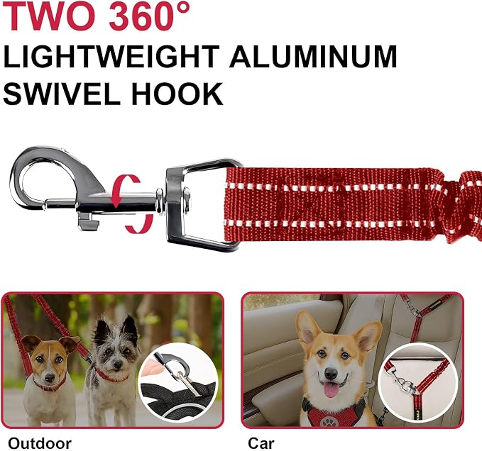 MingXpet 2 Dog Leash, Dog Leash for 2 Dogs, 360° Swivel No Tangle Double Walking Training Leashes for Large Dogs that Pull, Comfortable Shock Absorbing Reflective Bungee, Red - Image 3