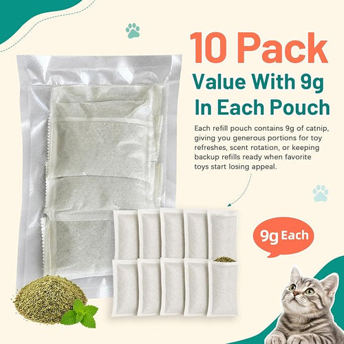(10-Pack) Refillable Catnip Kicker Toy Kits, Natural Catnip Tea Bags for Cats, 9g Catnip Pouches, Non-Woven Mess-Free Cat Toy Refills, Additive-Free, Vacuum Sealed, Total 90g - Image 2