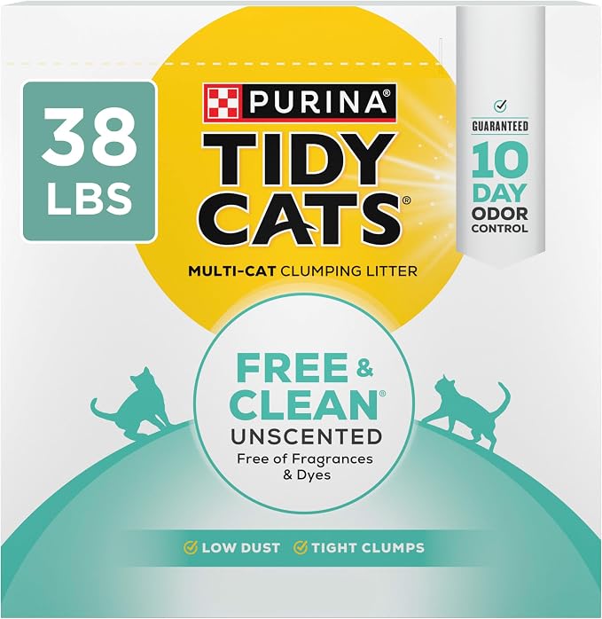 Purina Tidy Cats Free and Clean Unscented Clumping Cat Litter, 38 lb Box | Activated charcoal delivers lasting odor control, made without fragrances or dye, clumping by PurinaTidyCatsLitter
