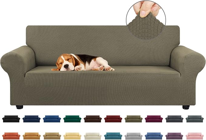 KEKUOU Stretch Couch Covers for Sofa, 3 Cushion Couch Slipcover,Khaki | 1-Piece Washable Sofa Cover Pet Friendly(78"-94") Furniture Protector Soft Jacquard, Elastic Bottom for Dogs & Kids by KEKUOU