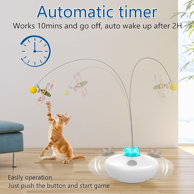 Oxawo Interactive Cat Toys Indoor Cats Toy Automatic Moving Feather Wand | Flying Feather Wobble Base Rechargeable Cat Toy, Extra Long Feather Wand Spin Cat Game & DIY Tails On - Image 2