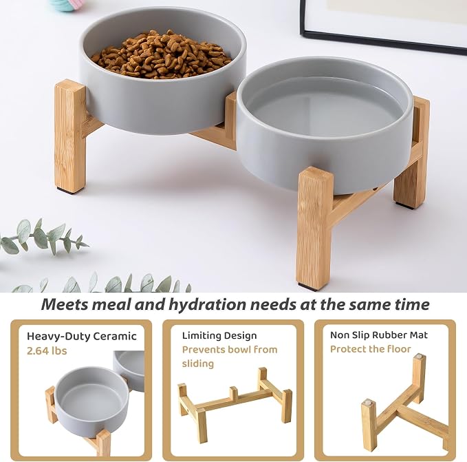 Elevated Ceramic Dog Bowl Set - Raised Dog Bowls with Non Slip Bamboo Stand, Food and Water Bowl Set for Kitty, Cats and Toy Breed Dogs, Pet Bowls, Weighted Dogs Dishes (5.1'', 2*16OZ, Grey) - Image 5