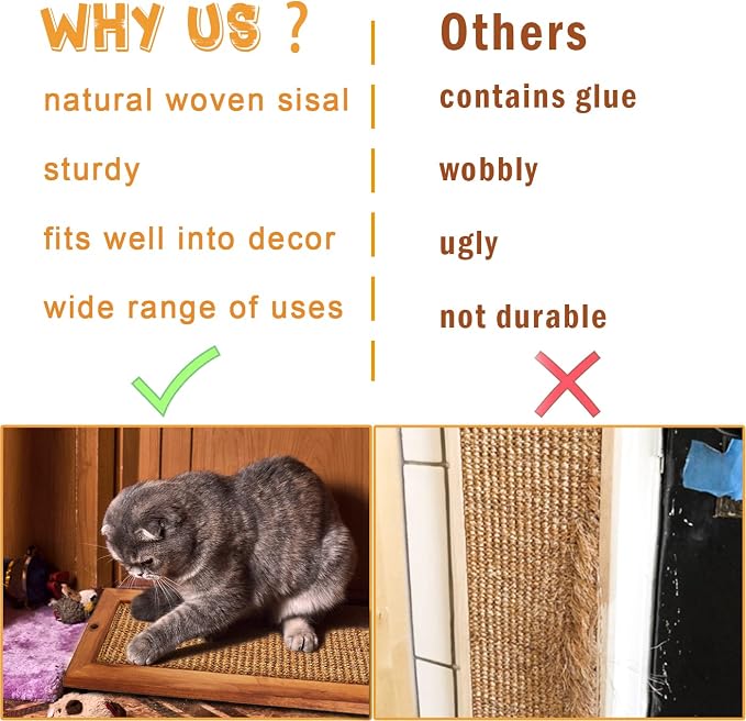 Cat Scratching Post, Wooden Sisal Cats Wall Scratcher, Floor or Wall Mounted Vertical Cat Scratch Pad for Indoor Cats Adults or Kittens, Cat Wall Furniture Protector - Image 7