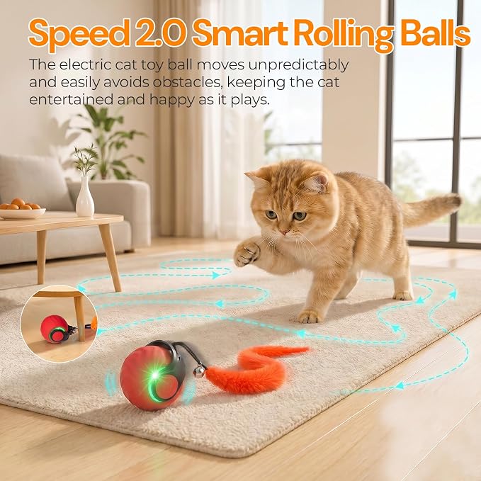 Interactive Cat Toys with Bird Sounds & 3 Speed Modes for Indoor Cats Play | Bird Sounds, 3 Speed Modes, Rechargeable Automatic Rolling, 3 Tails, Fast Charging Ball, For Indoor Cats on Hard Floor Carpet - Image 7