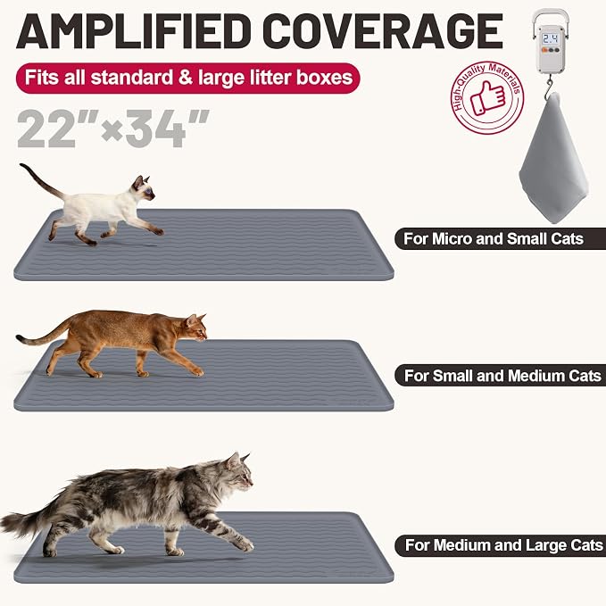 Cat Litter Mat, 34"x22" Waterproof Silicone Pad, Gray | Large Size, Urine-Proof Pad, Litter-Trapping Waves, Non-Slip, Easy Clean, Paw-Safe, for Litter Box, Floor Mat - Image 5