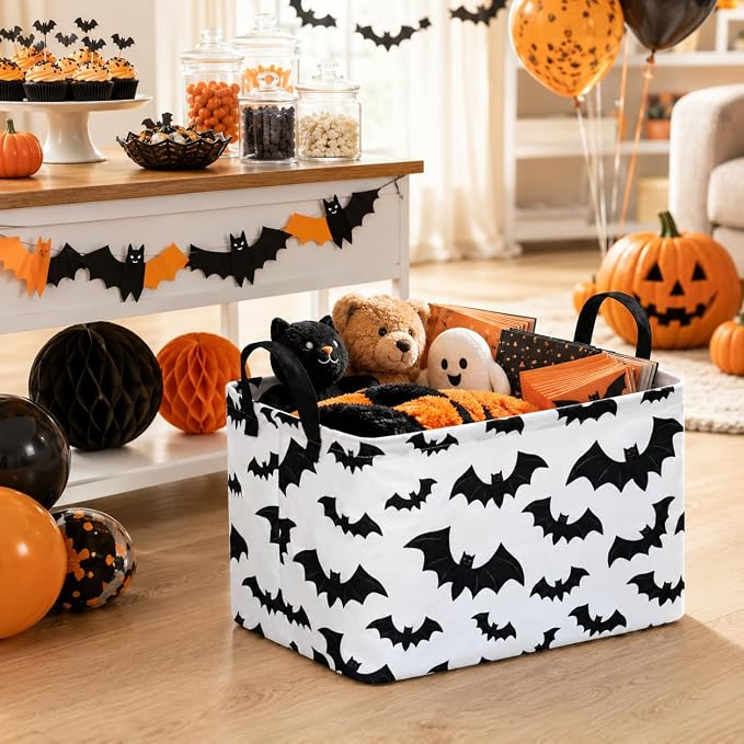 Halloween Batman Basket Gothic Bat Storage Kids Toy Organizer Room Decor | Collapsible Waterproof Kids Laundry Basket With Handles,Multi-scene Organizer for Home Bedroom,Black Bats Gift Bin - Image 4