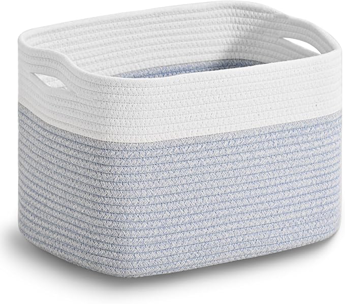 ICERZCZ Woven Cotton Rope Storage Basket for Organizing, Cute Decorative Baskets for Gifts Empty, Organizer Bins for Dog Toy, Baby Laundry, 15“×11”×9.5“, Off White & Blue by ICERZCZ