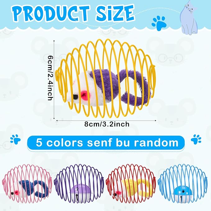 Jecery 5 Pcs Cat Toys Spring,Mouse and Bell,Mix Colors | Interactive Metal Cat Toy, Stretchable Rolling Ball, for Indoor Cats, Colorful Playful Coils, Kitten Pet Supplies - Image 2