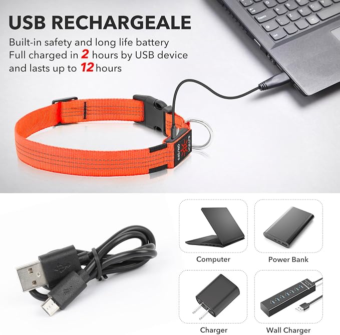 Illumifun LED Dog Collar USB Rechargeable Light Up Dog Collar, Reflective Pet Safety Collar Light Glow in the Dark (OrangeⅢ, Medium) - Image 4