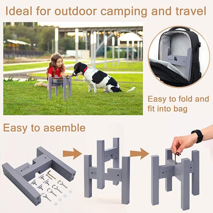 Elevated Dog Bowl Stand Adjustable Dog Food Holder 10”H Medium Grey | 10” Elevated Dog Bowl Stand, Medium Dogs, Adjustable, Fits 7”-10” Bowls, Single Bowl Holder, Natural Bamboo, Classic Grey - Image 8