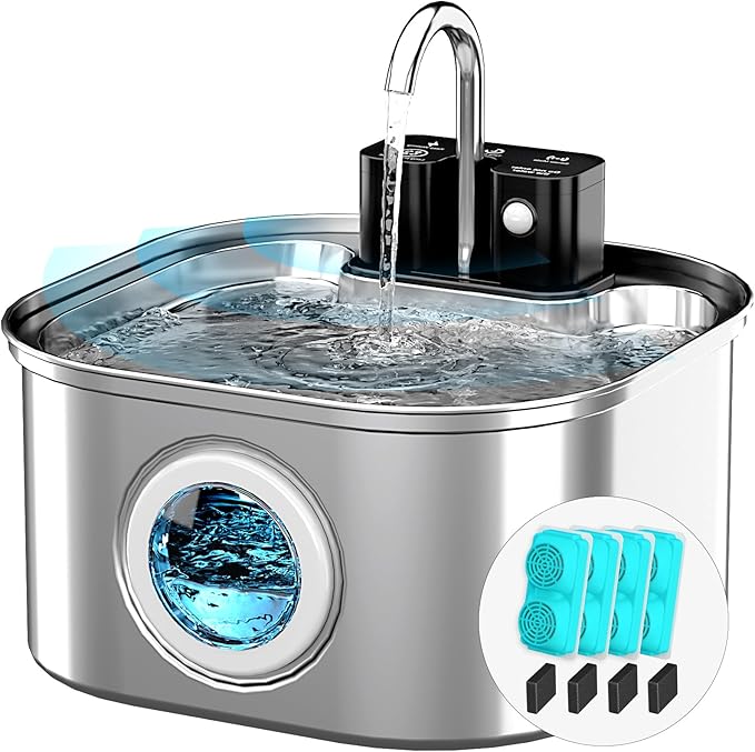 Lawfery 3.2L/108oz Wireless Stainless Steel Cat Water Fountain | Battery Operated Cordless Design with 3 Modes, Pet Drinking Fountain for Cats and Small Dogs, 4 Filters & 4 Sponges by Lawfery