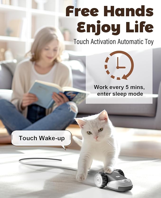 CYROS 3-in-1 Interactive Cat Toy - 2-Speed Automatic Moving Mouse Cat Toys Self Play with 2pcs Hanging Feather String Ribbon and Wiggly Silicone Mice Tail for Bored Indoor Adult Cats Kittens - Image 6