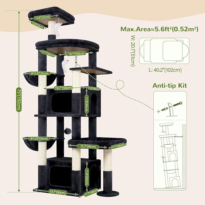 Globlazer 75in Sturdy Cat Tree Tower for Indoor Large Cats, S75, Dark Grey | Multi-Level Heavy Duty Cat Tower with Scratching Post, Oversized Condos & Perches for Big Cats, Large Baskets, Enlarged Base - Image 7