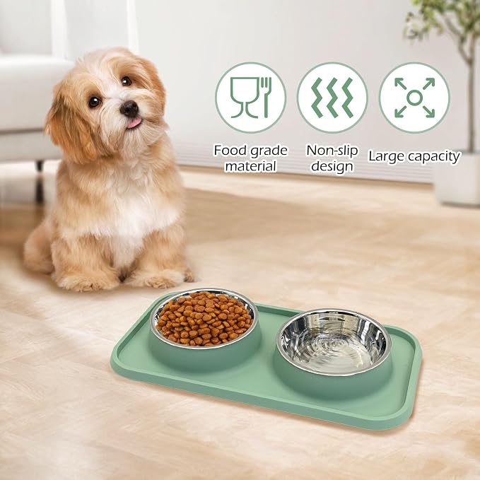 BNOSDM Double Dog Food Bowls Stainless Steel Dog Food and Water Bowls with Non-Spill Plastic Mat Pet Cat Feeder Bowl Set for Puppy Cats Kitten Small Medium Dogs Green - Image 7