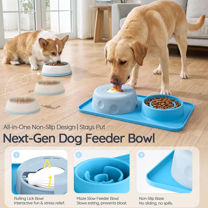 2-in-1 Slow Feeder Dog Bowls & Lick and Roll Bowl for Medium/Large Dogs | Rolling Lick Ball for Wet Food & Slow Feeder Bowl for Dry Kibble, Non-Slip Silicone Mat, BPA-Free, for Dogs Up to 150 lbs - Image 2