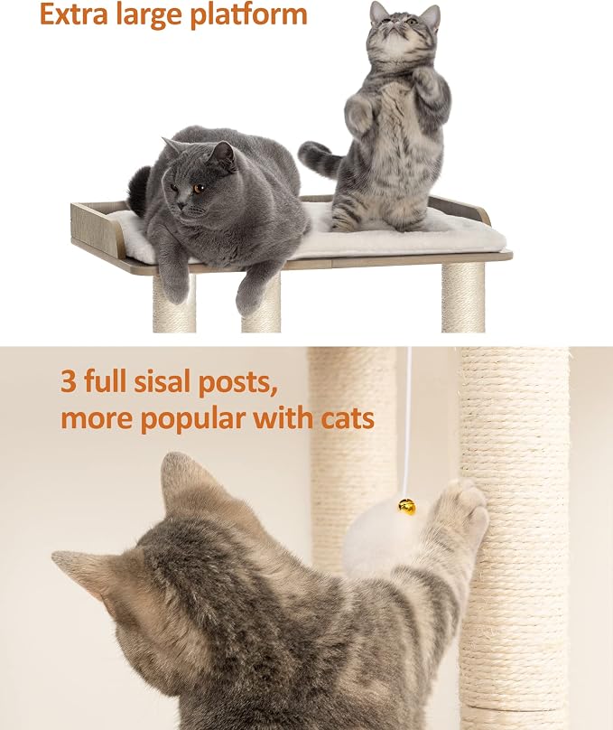 26.7in Large Cat Tree Tower Condo, Cat Scratch Posts for Indoor Cats, Big Plate, Three 23.6in Full Sisal Scratching Posts, Greige - Image 4