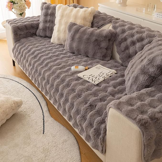 Faux Fur Couch Covers for Sofa Thick Fuzzy Sofa Covers for Dogs | Soft Warm Couch Cover Shaggy Fuzzy Sectional Sofa Cover Non-Slip Plush Sofa Slipcover Furniture Protector - Image 3