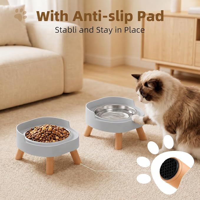 Elevated Cat Bowls, 2P Raised Cat Food and Water Bowl Set for Indoor Cats, Splash Proof with 2 Stainless Steel Pet Food Bowls for Cats ＆ Puppies, Whisker Friendly and Dishwasher Safe - Grey - Image 5