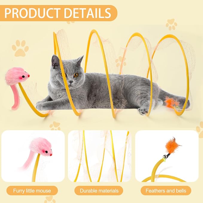 2-Pack Large Cat Tunnel Beds - Indoor & Outdoor,Kitten Collapsible Spring Tunnel Toy with Feather and Bell,Interactive Spring Toys for Cats & Kittens（Yellow） - Image 3