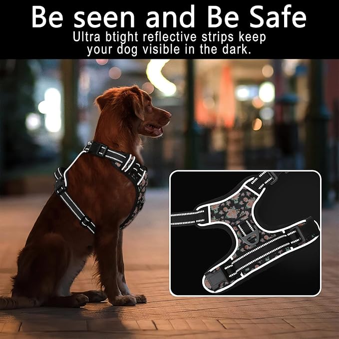 Timos Dog Harness Medium Sized, Quick Release 3 Buckles, Black Rose, M | Reflective No Pull No Choke, Easy On & Off, Adjustable Soft Padded, Front & Back 2 Clips and Control Handle for Walking - Image 2