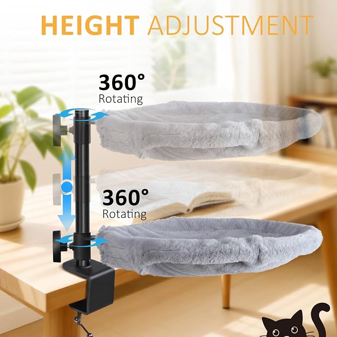 Topmart Double-Deck Cat Desk Bed with 360° Rotating & Adjustable Height | Cat Hammock for Desk with 4 Washable Pads, Kittens Bed for Desk Attachment for Home Office,Up to 45LBS, Grey & Black - Image 4