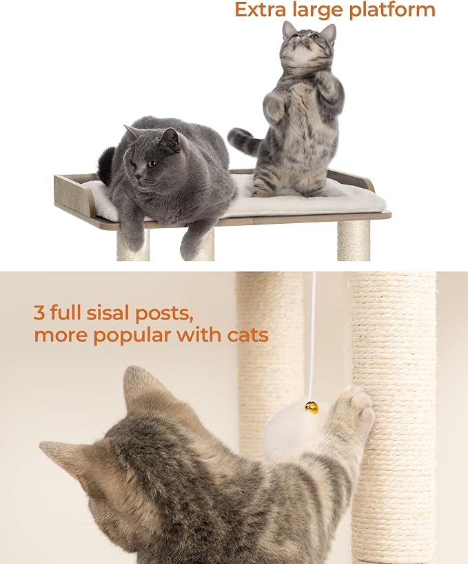 22in Cat Tree Tower Condo, Cat Scratch Posts for Indoor Cats, Big Plate, Three 23.6in Full Sisal Scratching Posts, Greige - Image 4