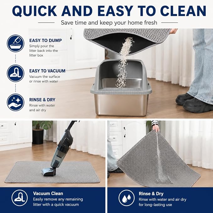 Large Cat Litter Mat 30 x 24 Inch, Double-Layer Honeycomb Litter Trapping Mat with Waterproof Leatherette Bottom, Urine-Resistant, Non-Slip, Easy to Clean, Gray - Image 6
