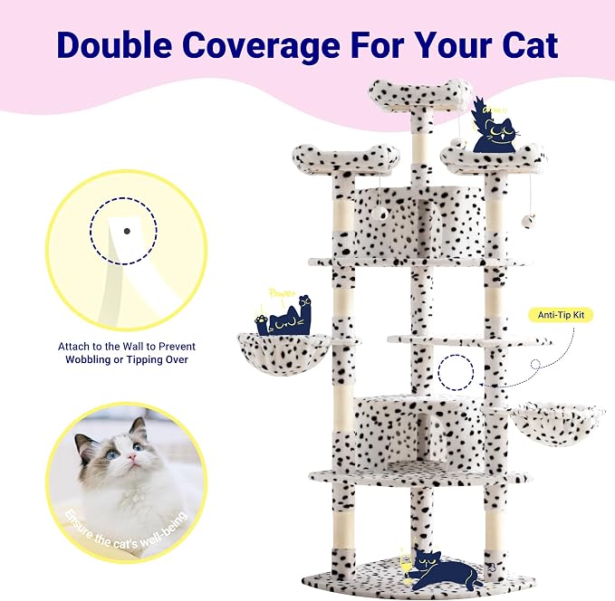 Allewie 73in Fan-Shaped Space-Saving Corner Cat Tower/Multi-Level Tall Cat Tree for Indoor Kitties/Cozy Baskets/Condos/House/Perches/Sisal Scratching Posts/Pet Activity Center/White & Black Spot - Image 3