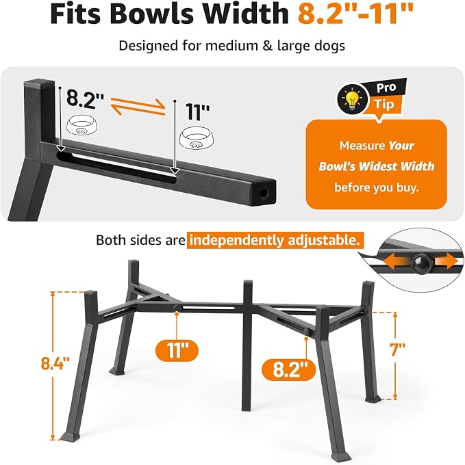 LOOBANI Double Dog Bowl Stand Adjustable 8.2"-11" Width for Large Seniors | Reduces Neck Strain, Non-Slip Rubber Feet, Rust-Proof Stand, Easy Clean, for Senior & Arthritic Dogs - Image 4
