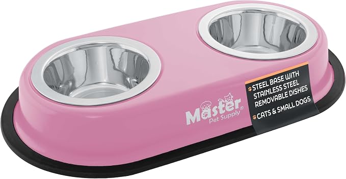 Master Pet Supply Double Dog Bowls Set with Elevated Base Hyper Pink | 2 - (8 oz) Stainless Steel Removable Dishes Double Cat Food Water Bowl, Dog Puppy Food Bowl Set, Rust Resistant, Raised Dish by MasterPetSupply