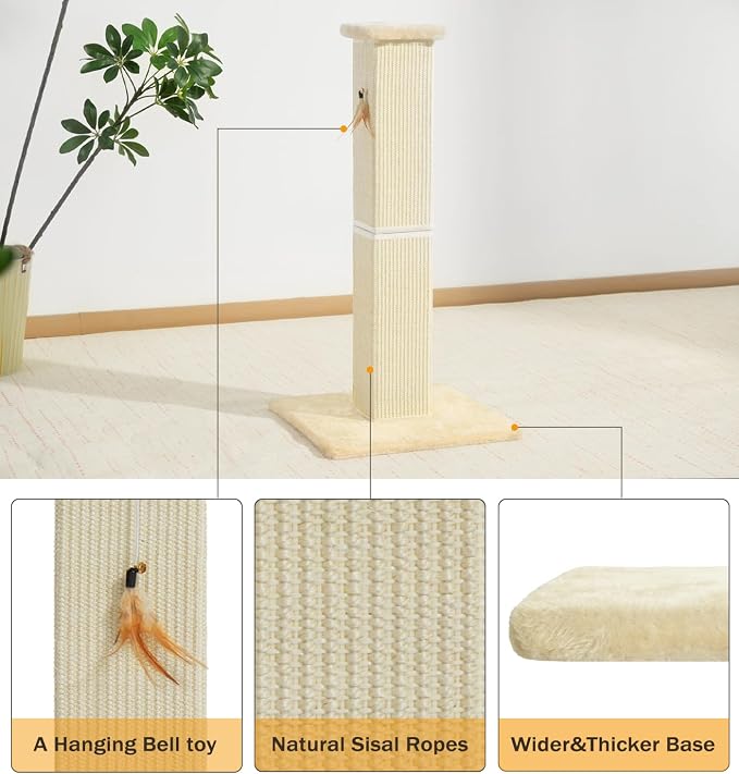 Made4Pets Cat Scratching Post for Indoor Cats, Sisal Cat Scratcher, 32" | Full Sisal Surface, Durable for Heavy Scratchers, Stable Base, Full-Body Stretching, Feather Toy for Kittens & Adult Cats - Image 3