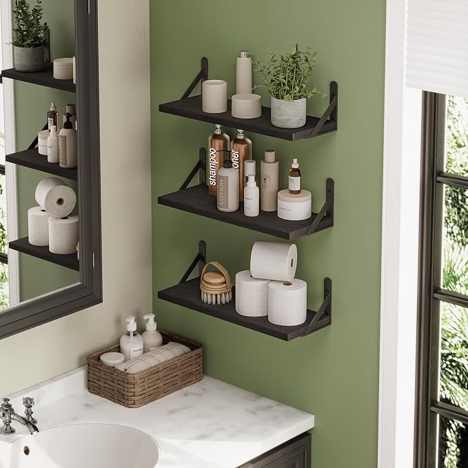 YGEOMER 16.5in Floating Shelves for Wall Home Decor, Black Set of 6 | Rustic wood shelves with metal brackets. Space-saving for books & decor. Works in bathroom, kitchen, living room & bedroom. - Image 6