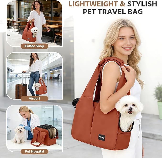 Dog Purse Carrier for Small Dogs and Cats, Soft-Sided Pet Tote Bag with 6 Large Pockets, Collapsible Travel Puppy Carrier, Fits Pets up to 16 lbs (Caramel, 17.5" L x 8" W x 12" H) - Image 6