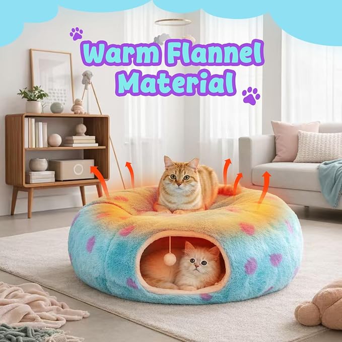 Cat Tunnel Bed for Indoor Cats, Cute Cat Tunnel Toy with Washable Cushion, Fits Cats up to 25 lbs, Peekaboo Cave Pet Bed for Kittens, Rabbits, Blue Purple Donut - Image 3