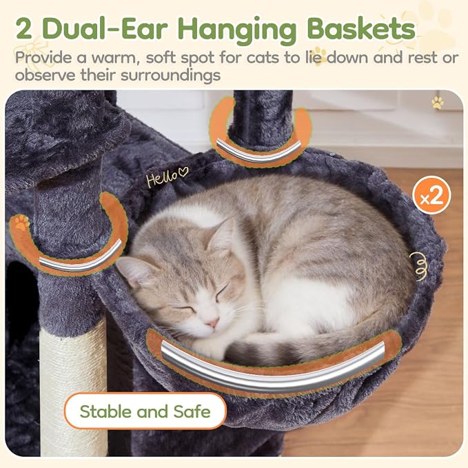 Taoqimiao Cat Tree for Large Cats, 76.8 Inches XL Cat Tower for Indoor Cats | 2 Scratch Boards, 3 Top Perches, 9 Scratching Posts, Multi-Level Cat Tree with 2 Condos, 2 Cozy Basket, Smoky Gray, T20G - Image 5