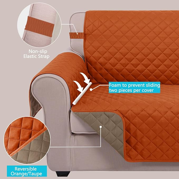 U-NICE HOME Reversible Recliner Chair Covers, Orange/Taupe | 23''Armchair Cover for dogs Washable, Pet Friendly, Elastic Straps, Water Repellent, Diamond Quilted - Image 4