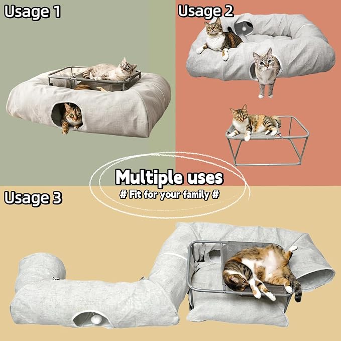 XXL 2-Tier Cat Tunnel & Hammock Bed, Scratch-Proof Linen, for All Cats Toys | XxingSheep 4 Cave Premium Hemp Fabric Cat Tunnel Bed for Indoor Cats Toys Cave Donut with Soft Mat & Toys - Image 5