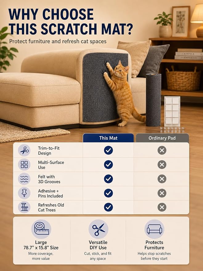 TLNNK 78.7"x15.8" Cat Scratch Furniture Protector - Dark Gray | Less Claw Damage, Easier Scratch-zone Setup, Worn Post Refresh, Cleaner Couch Corners, Softer Look for Cat Homes - Image 6