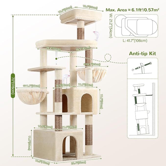 Globlazer Sturdy Cat Tree for Indoor Cats 20 lbs, S68, Beige | 68-inch Large Cat Tower for Adult Big Cats, Heavy Duty Cat Tree with Extra Large Platform, 5 Scratching Post - Image 6