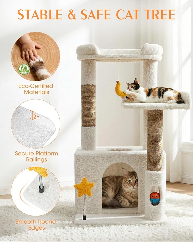 30" Kitten Cat Tower, Compact Beige Cat Tree with Condo & Perch | Plush Finish, Cozy Condo, Soft Top Perch, Sisal Scratching Post, Dangling Ball Toy, Anti-Tip Base, for Cats up to 15 lbs - Image 2